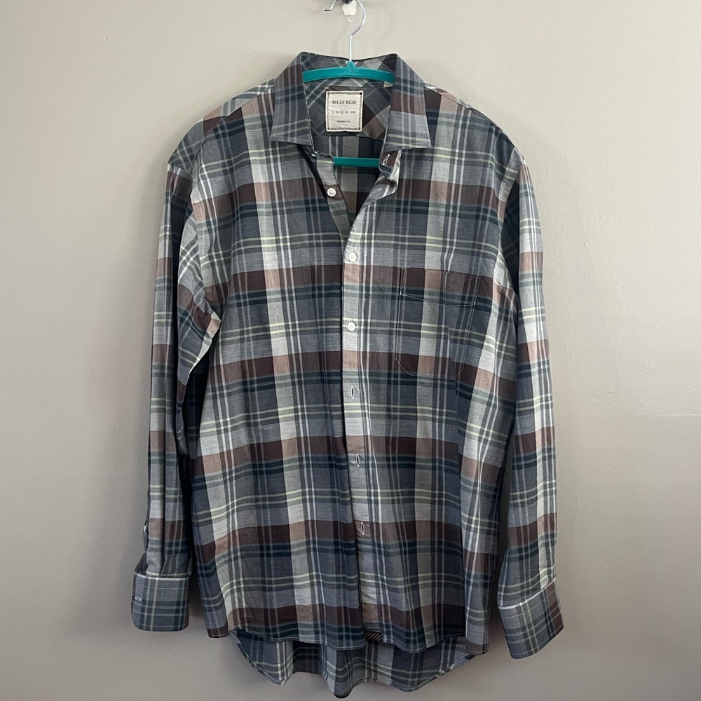 Billy Read Plaid Button Down Shirt Lightweight 100%‎ Cotton Grey White